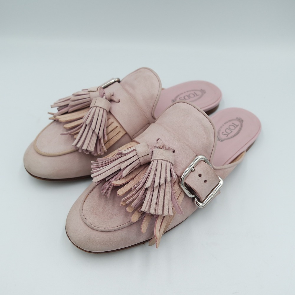 Tods Womens Pink Suede Fringe Tassel Loafer Mules Made in Italy Size EU 37 US 7